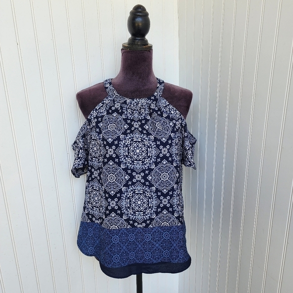 Iz Byer Blouse Top Womens Multi Floral Cold Shoulder Sleeve Halter Neck Blue S - Picture 1 of 11